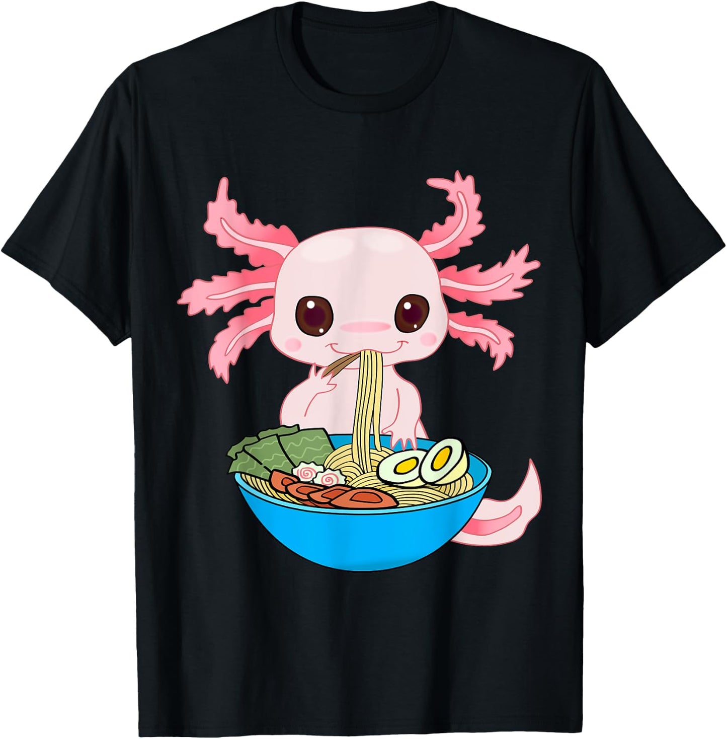 Kawaii Axolotl Eating Ramen Noodles Anime Kids Girls Teens T-Shirt - T-Shirt | Black