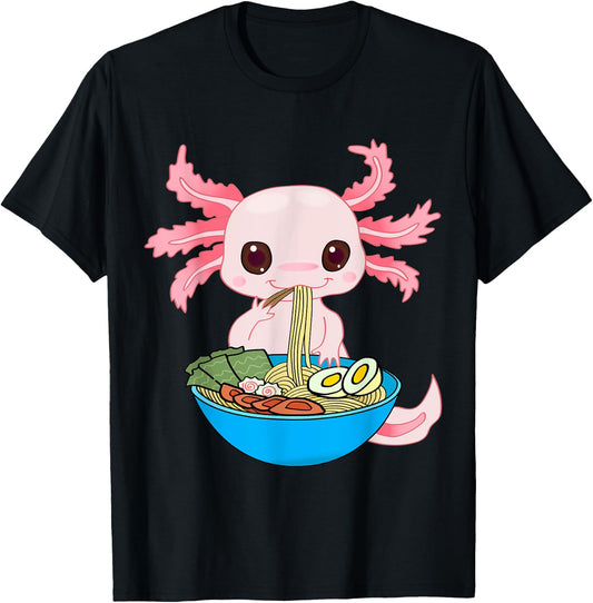 Kawaii Axolotl Eating Ramen Noodles Anime Kids Girls Teens T-Shirt - T-Shirt | Black