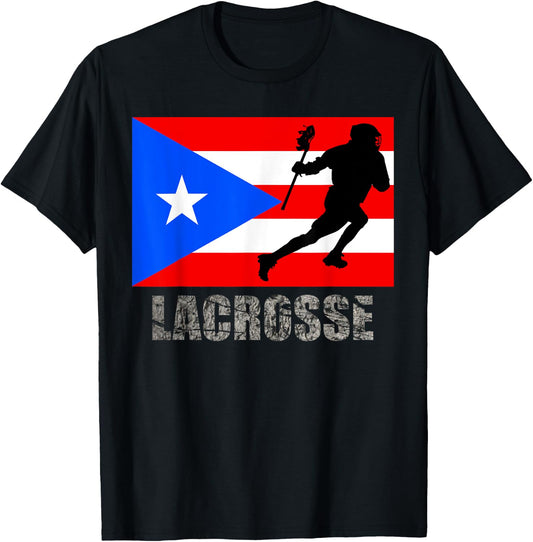 Lacrosse Puerto Rico Flag Fan Vintage Retro Boricua T-Shirt - T-Shirt | Black