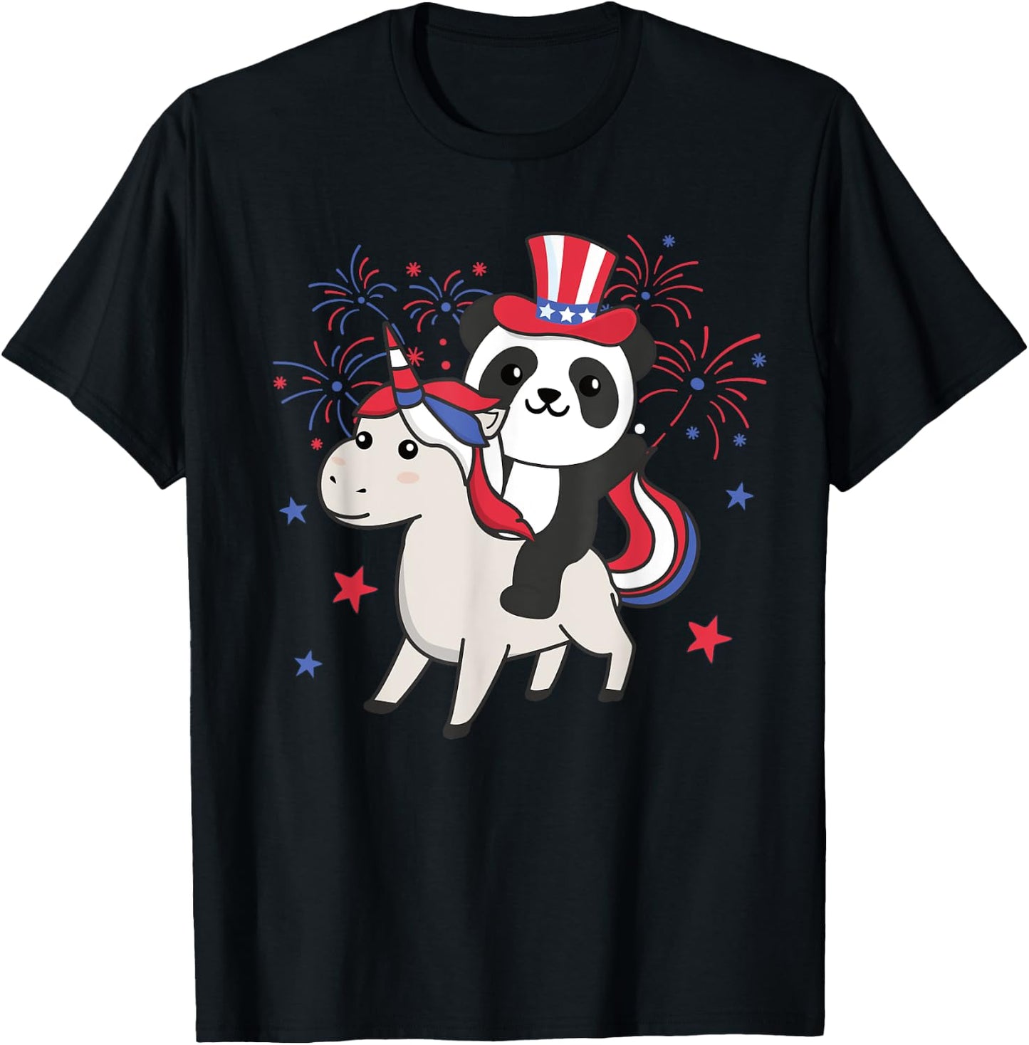 Panda With Unicorn For The Fourth Of July Fireworks For Kids T-Shirt - T-Shirt | Black