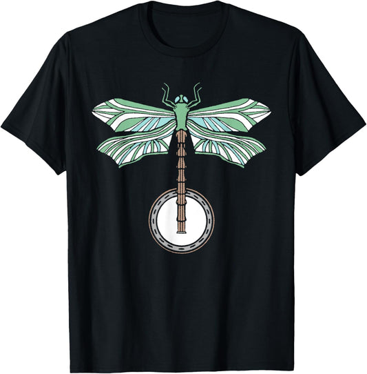 Banjo Dragonfly Artistic Illustration Vintage Retro Graphic T-Shirt - T-Shirt | Black