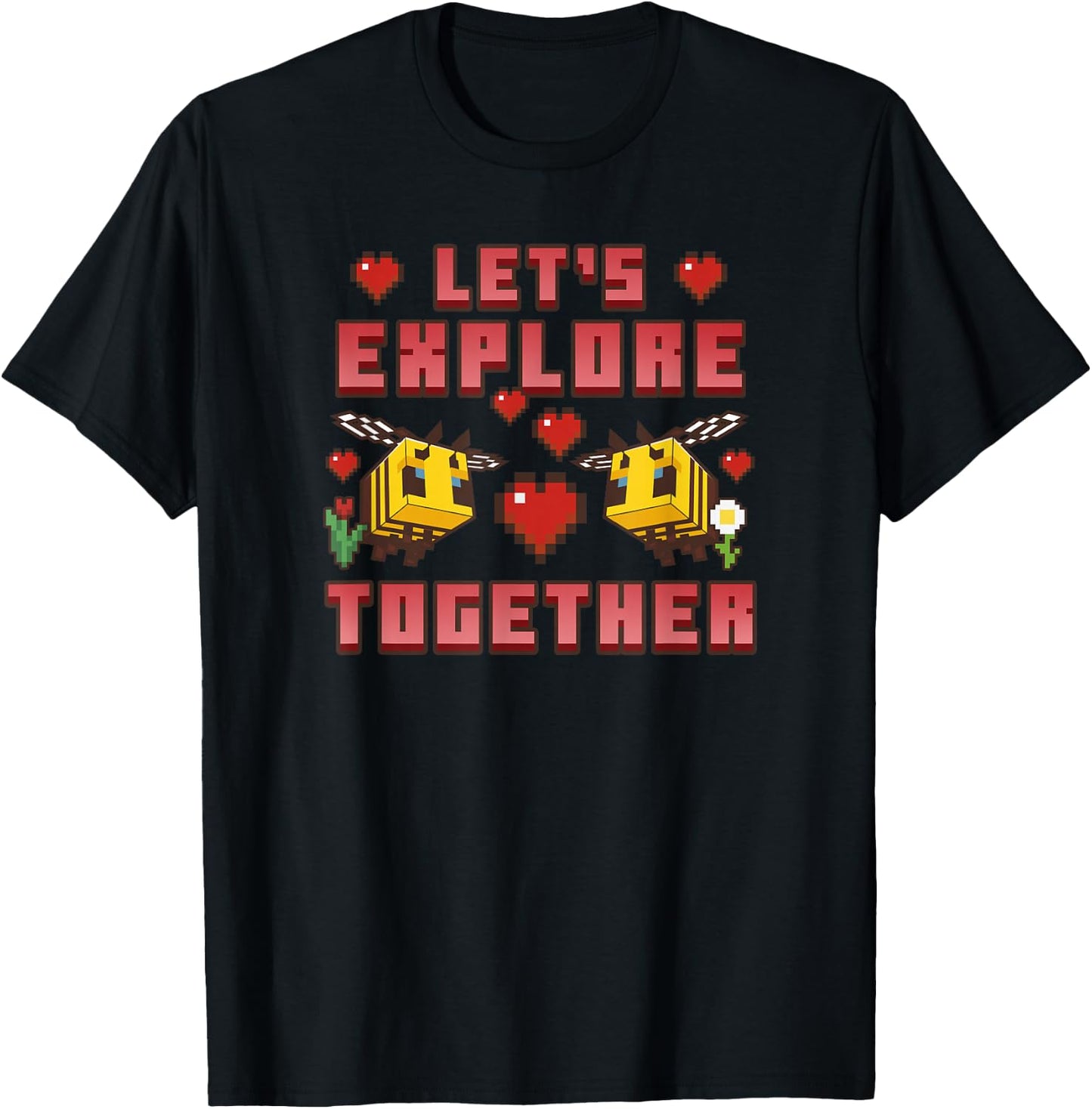 Minecraft Bees Let's Explore Together Hearts T-Shirt - T-Shirt | Black