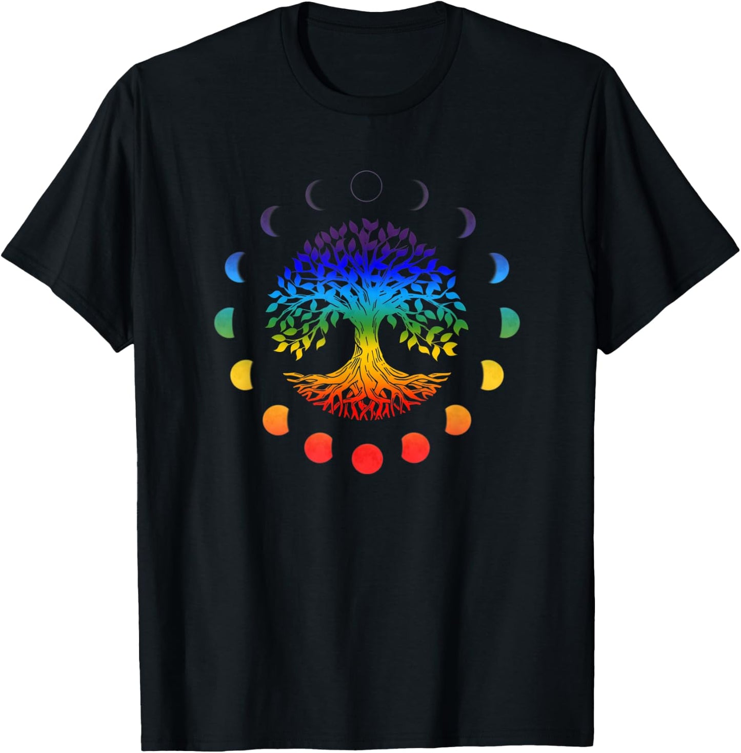 Tree of Life Moon Phases Chakra Colors Yoga Spirituality T-Shirt - T-Shirt | Black