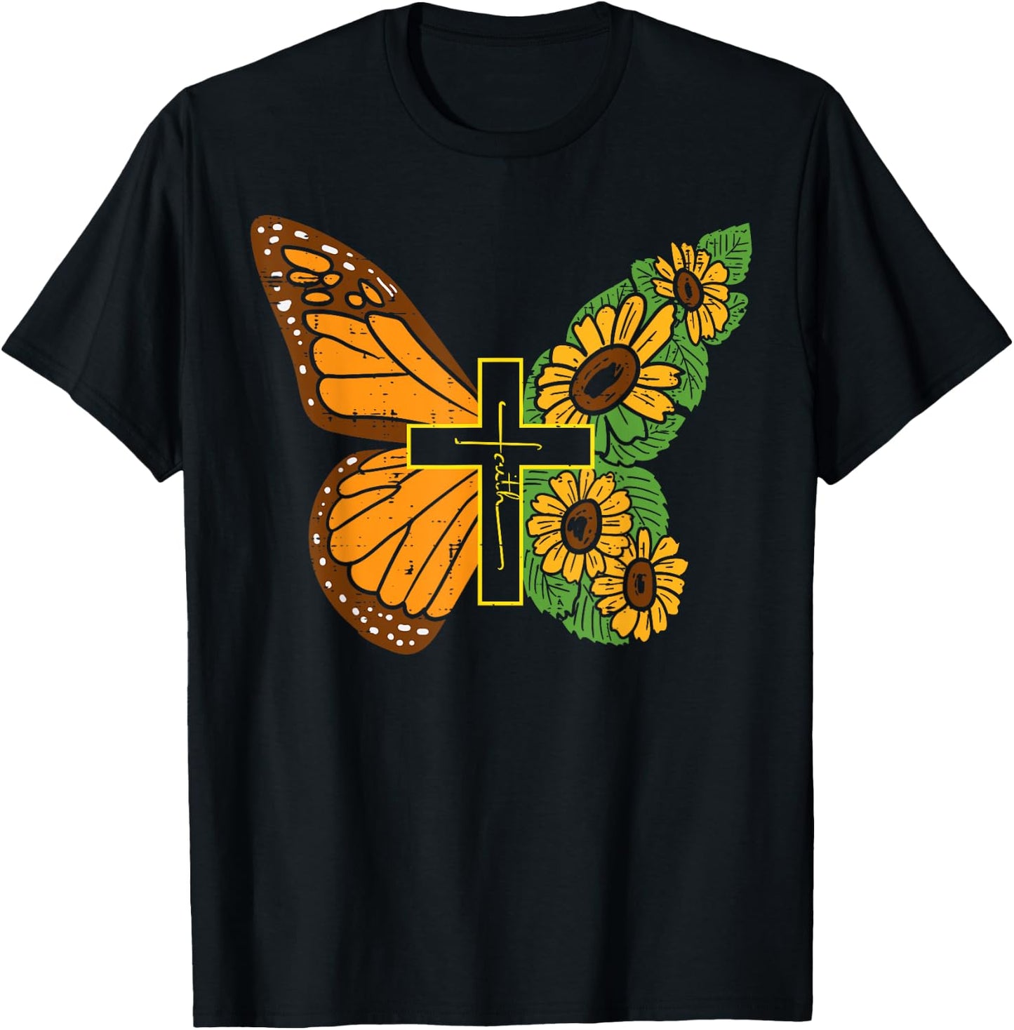 Butterfly Sunflower Cross Faith God Jesus Christian Women T-Shirt - T-Shirt | Black