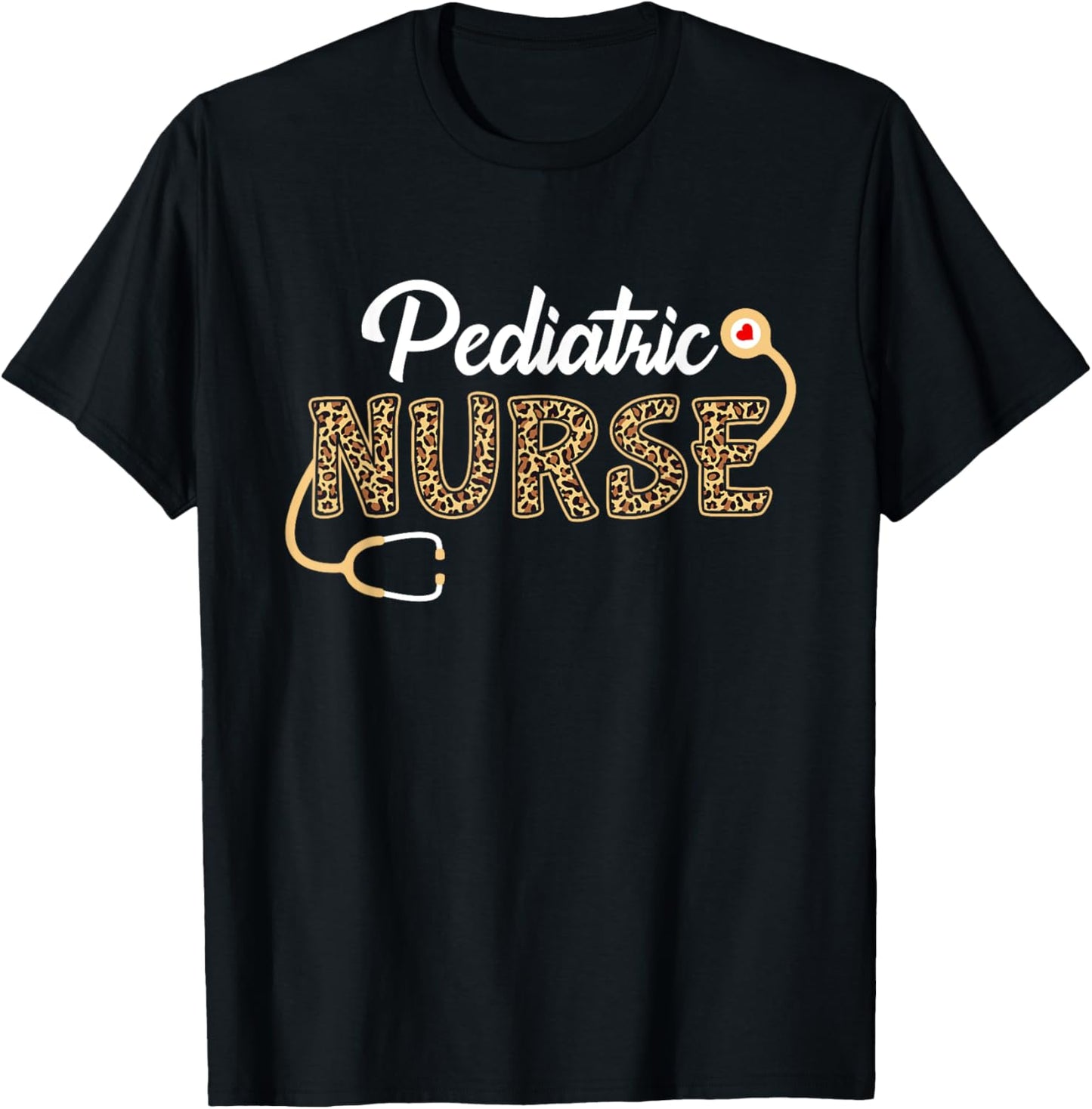 Pediatric Nurse Leopard Print Stethoscope Heart Nursing T-Shirt - T-Shirt | Black