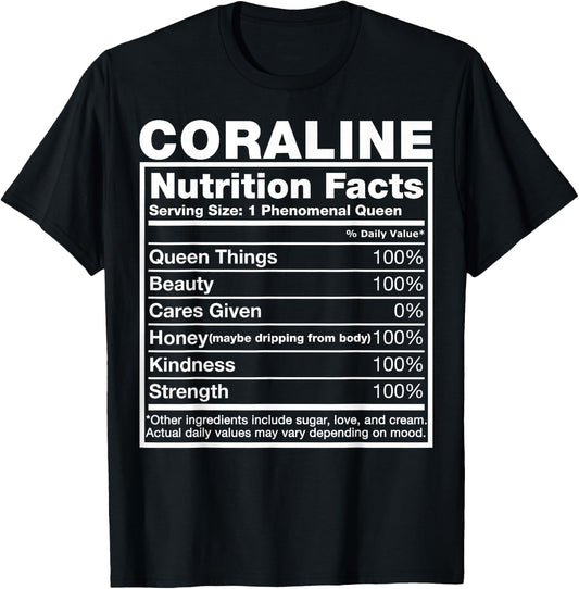 Coraline Nutrition Facts Coraline Name Birthday Shirt T-Shirt - T-Shirt | Black