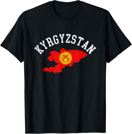 Patriotic Men Women Kyrgyzstan Flag Map Distressed T-Shirt - T-Shirt | Black