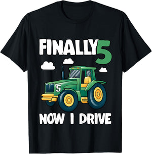 Kids Finally 5 Now I Drive 5th Birthday Party Boy Tractor Kids T-Shirt - T-Shirt | Black