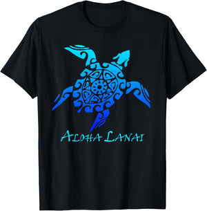 Aloha Lanai Vintage Hawaiian Island Tribal Turtle T-Shirt - T-Shirt | Black