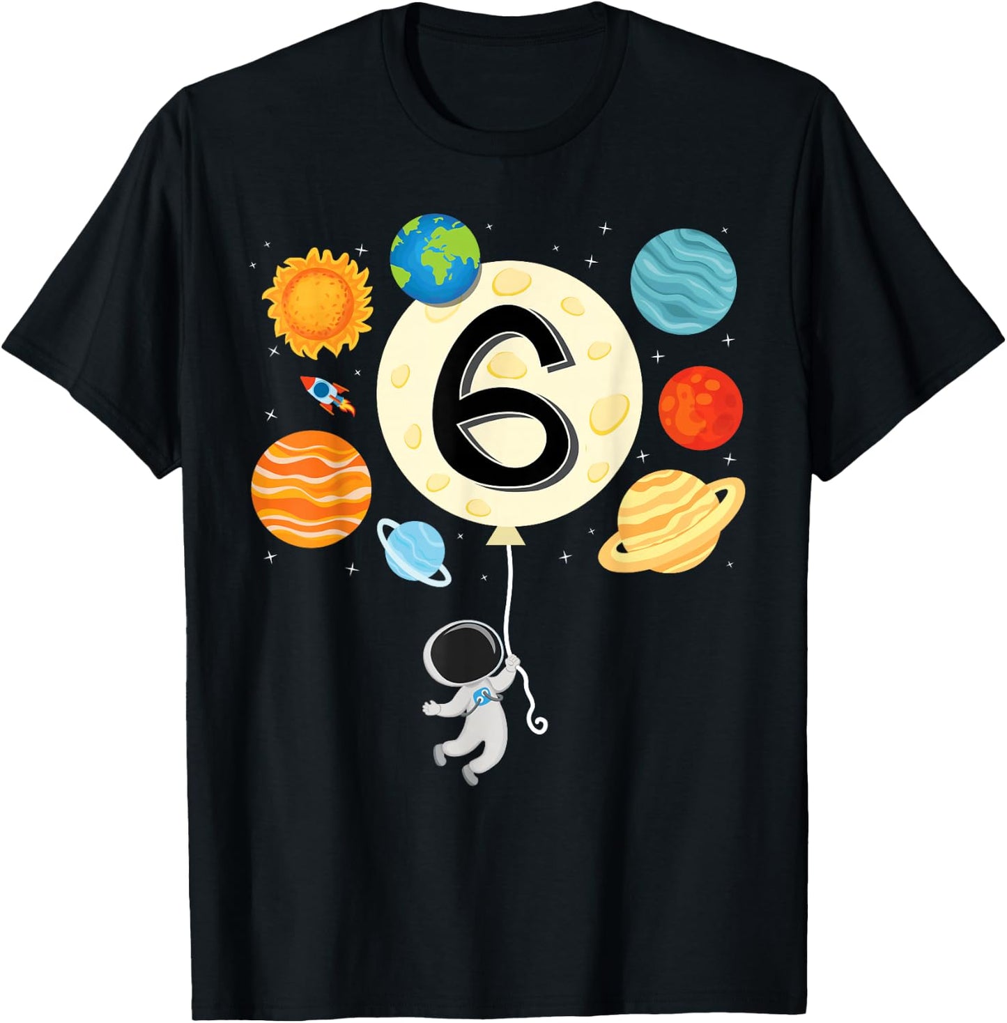 Astronaut Balloon Planets 6th Birthday Space theme science T-Shirt - T-Shirt | Black