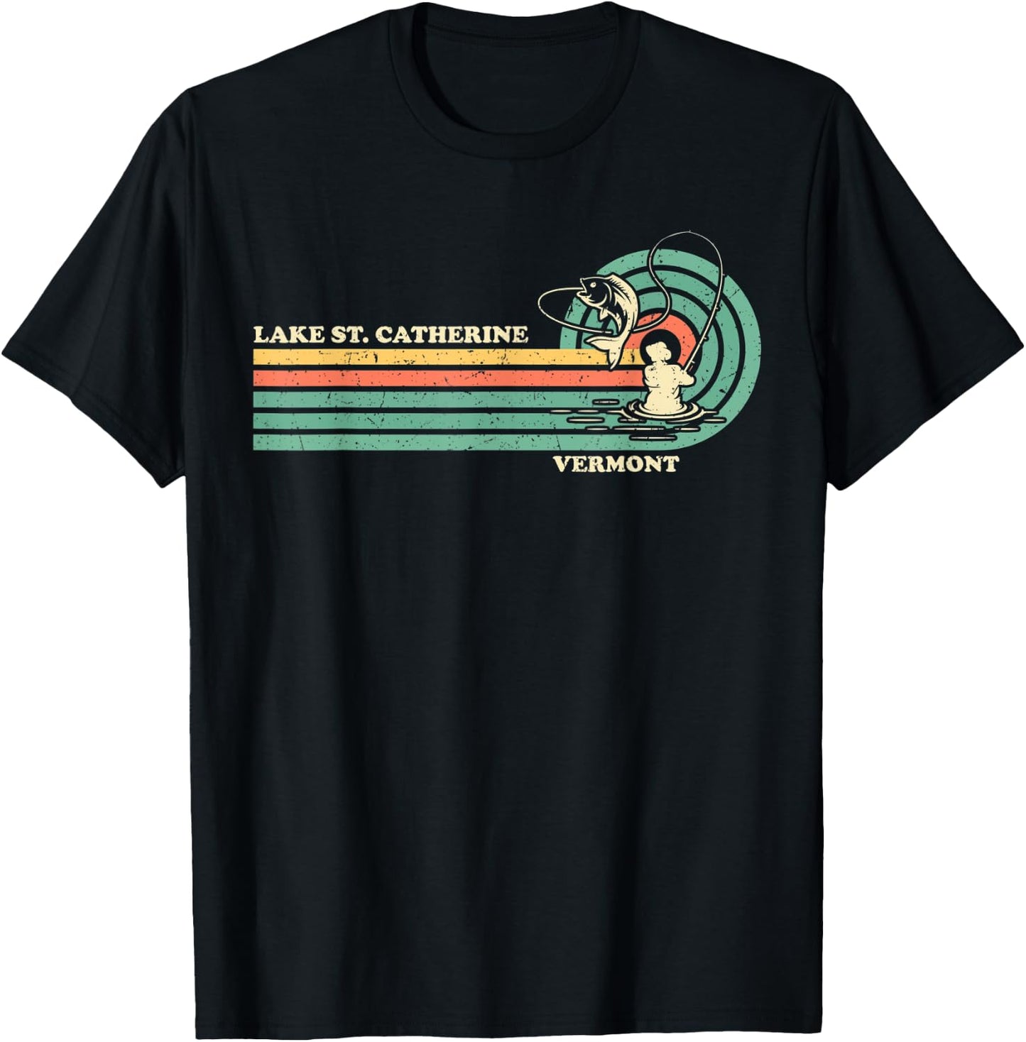 Vintage Retro Summer Fishing Vermont St. Catherine Lake Men Women Kids T-Shirt - T-Shirt | Black