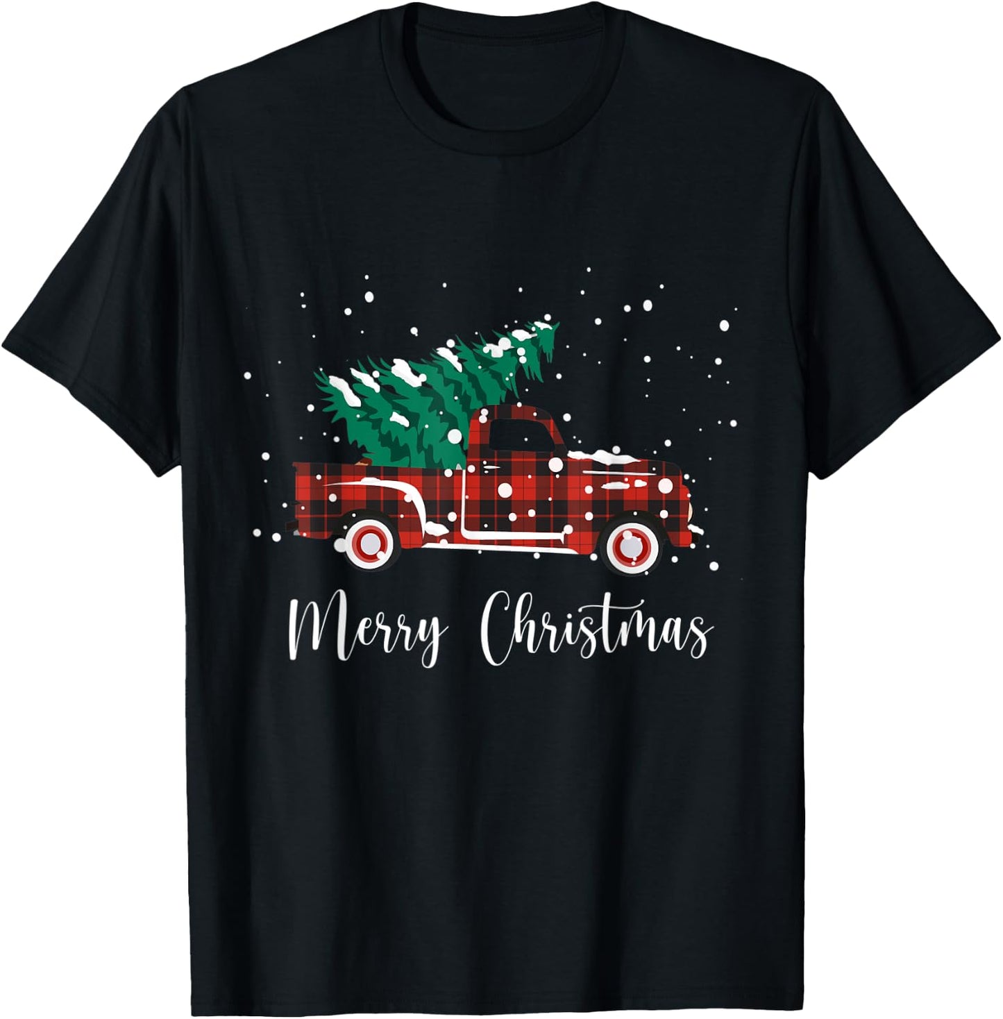 Merry Christmas Buffalo Truck Tree Red Plaid T-Shirt - T-Shirt | Black