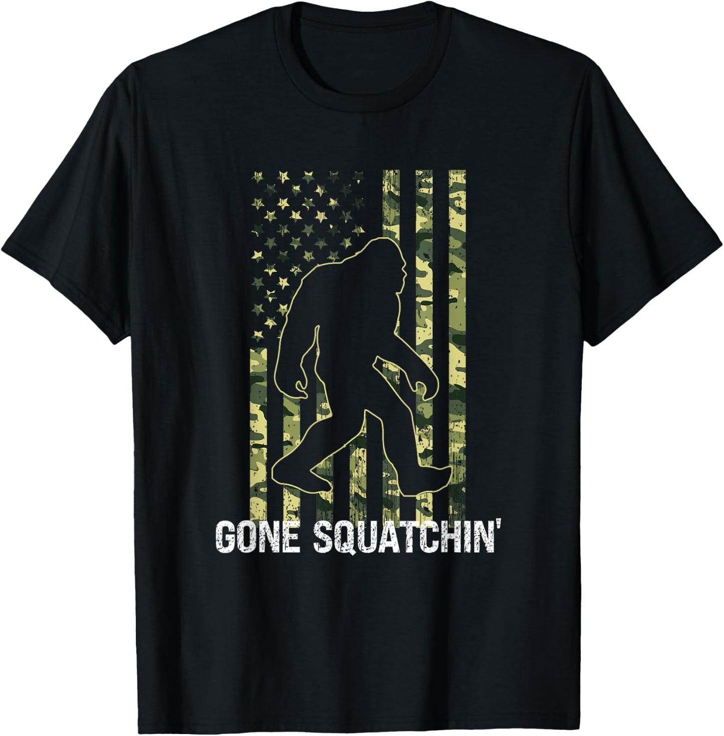 Gone Squatchin' Funny Bigfoot American Flag Camo Sasquatch Kids Men T-Shirt - T-Shirt | Black