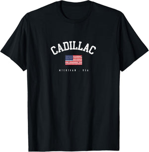 Cadillac MI Retro American Flag USA City Name T-Shirt - T-Shirt | Black