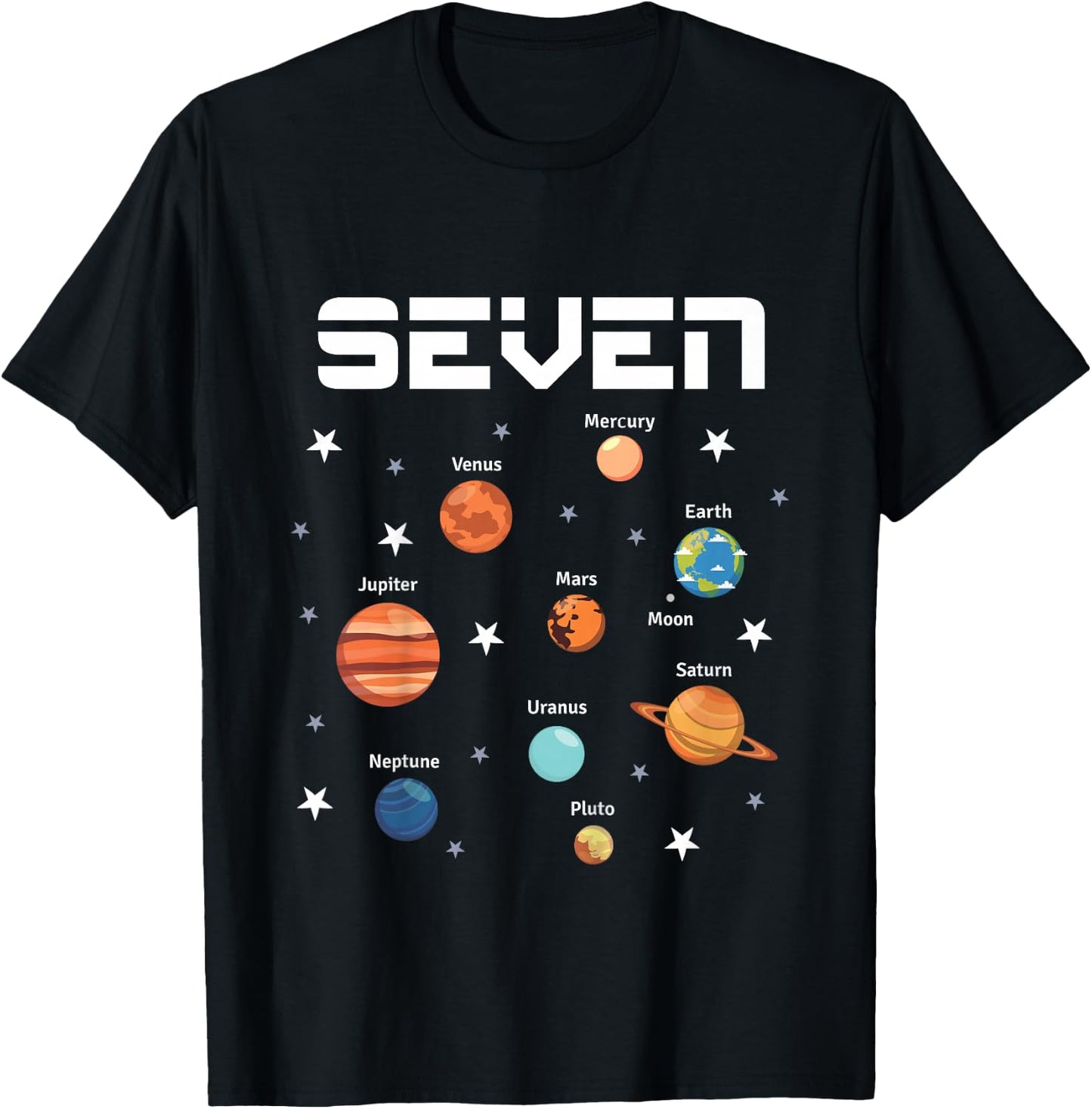 7 Year Old Outer Space Birthday Party Solar Planets 7th Gift T-Shirt - T-Shirt | Black