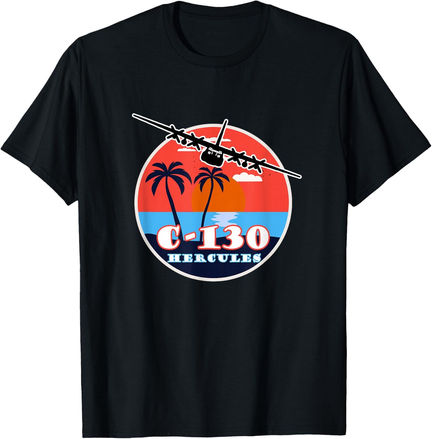C-130 Vintage Tropical Sunset Cargo Aviation T-Shirt - T-Shirt | Black