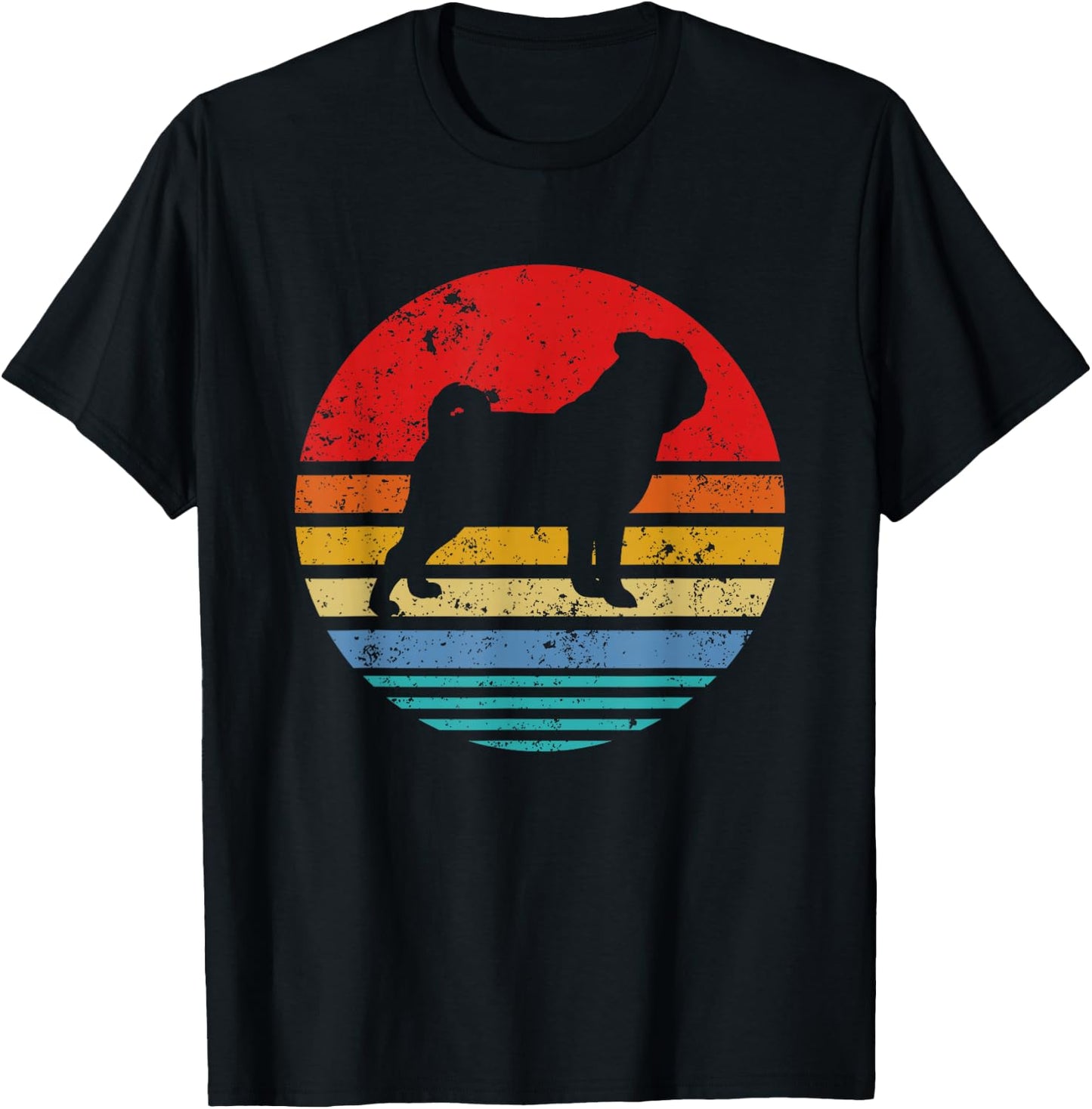 Pug Retro Sunset Distressed Mom Dad Dog Lover Gift Men Women Girls Kids T-Shirt - T-Shirt | Black
