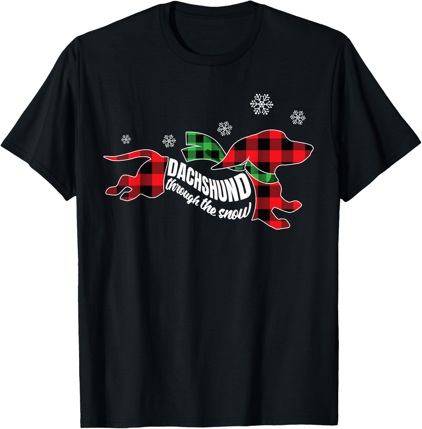 Dachshund through the Snow Doxie Dog Plaid Christmas Gift Women Kids T-Shirt - T-Shirt | Black