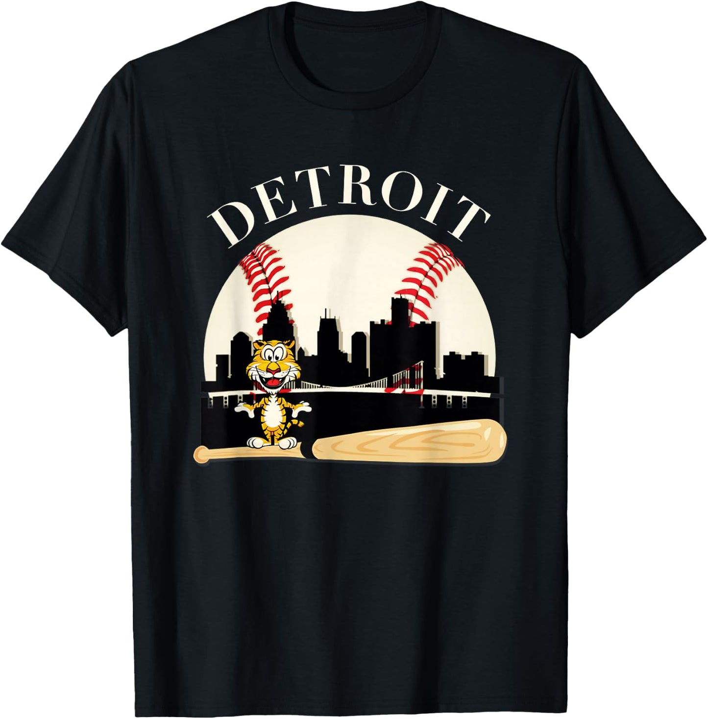 Detroit Baseball Tiger Mascot and Skyline Design T-Shirt - T-Shirt | Black