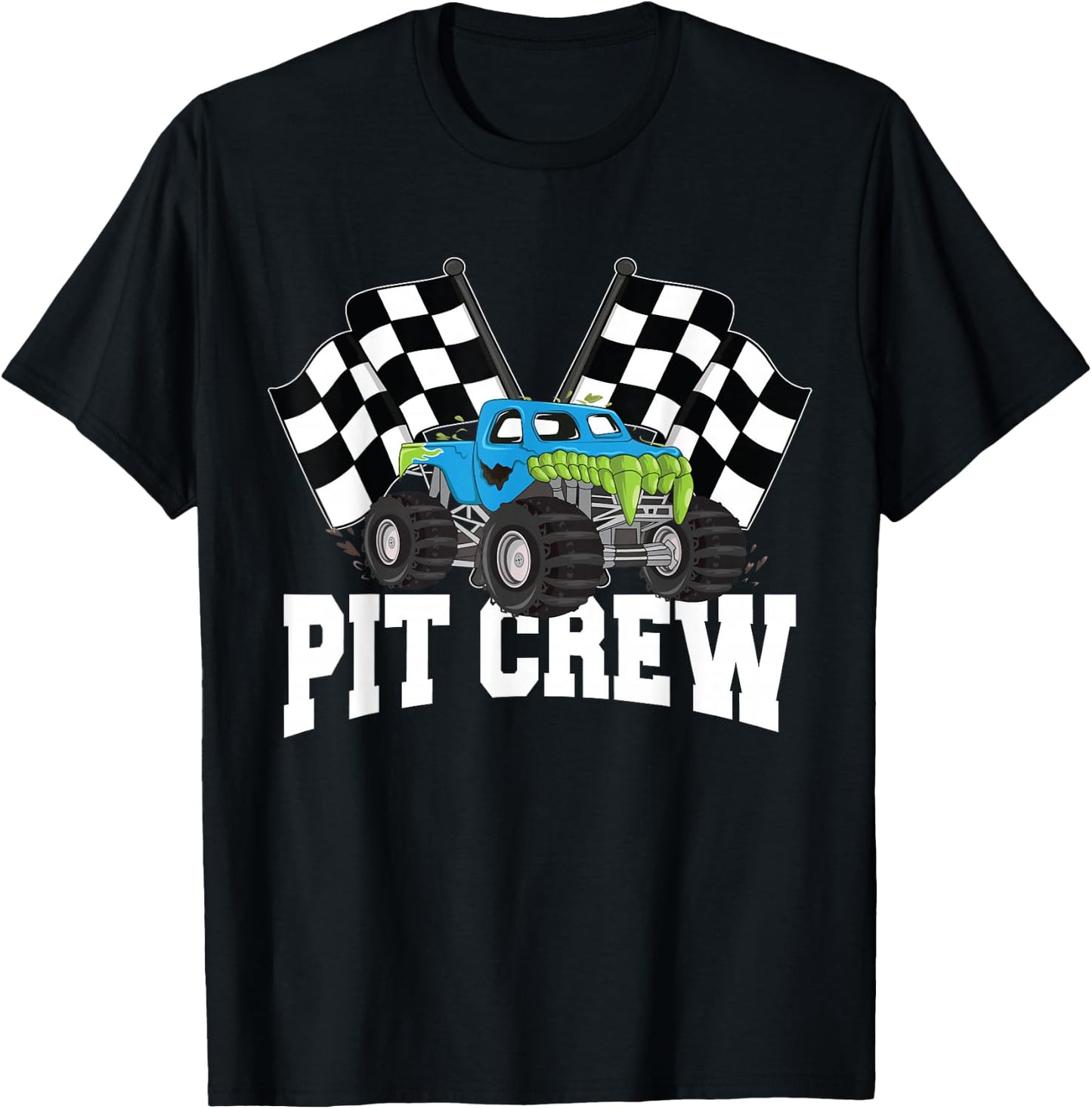 Pit Crew Monster Truck Racing Party and Checked Flag T-Shirt - T-Shirt | Black