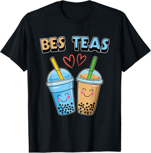 Boba Bubble Tea Bes Teas Kawaii Cute Bestie Blue and Brown T-Shirt - T-Shirt | Black