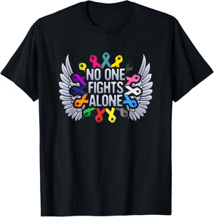 No One Fights Alone Multicolor Ribbon For Cancer Awareness T-Shirt - T-Shirt | Black