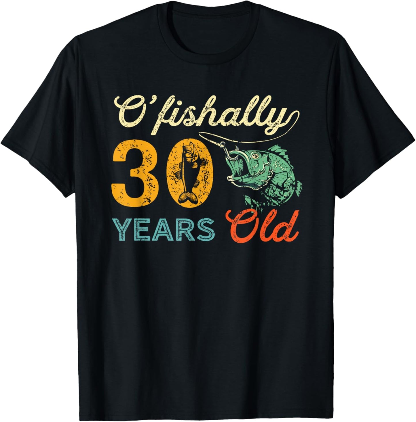 Retro 30th Birthday Fishing Gift Turning 30 Bass Fisherman T-Shirt - T-Shirt | Black