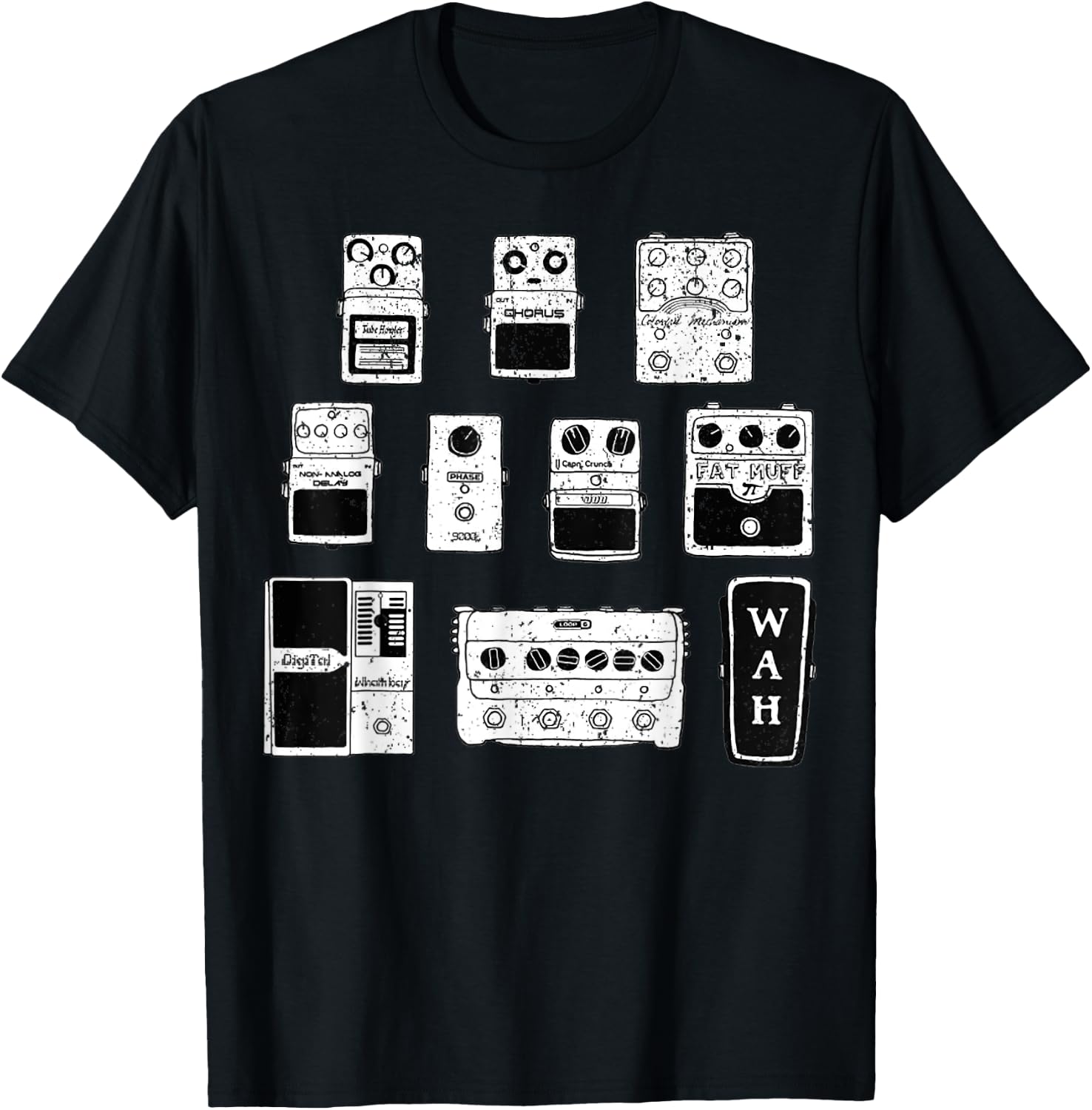 Vintage Guitar Pedals Black & White Music Gear Graphic T-Shirt - T-Shirt | Black