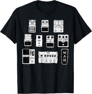 Vintage Guitar Pedals Black & White Music Gear Graphic T-Shirt - T-Shirt | Black