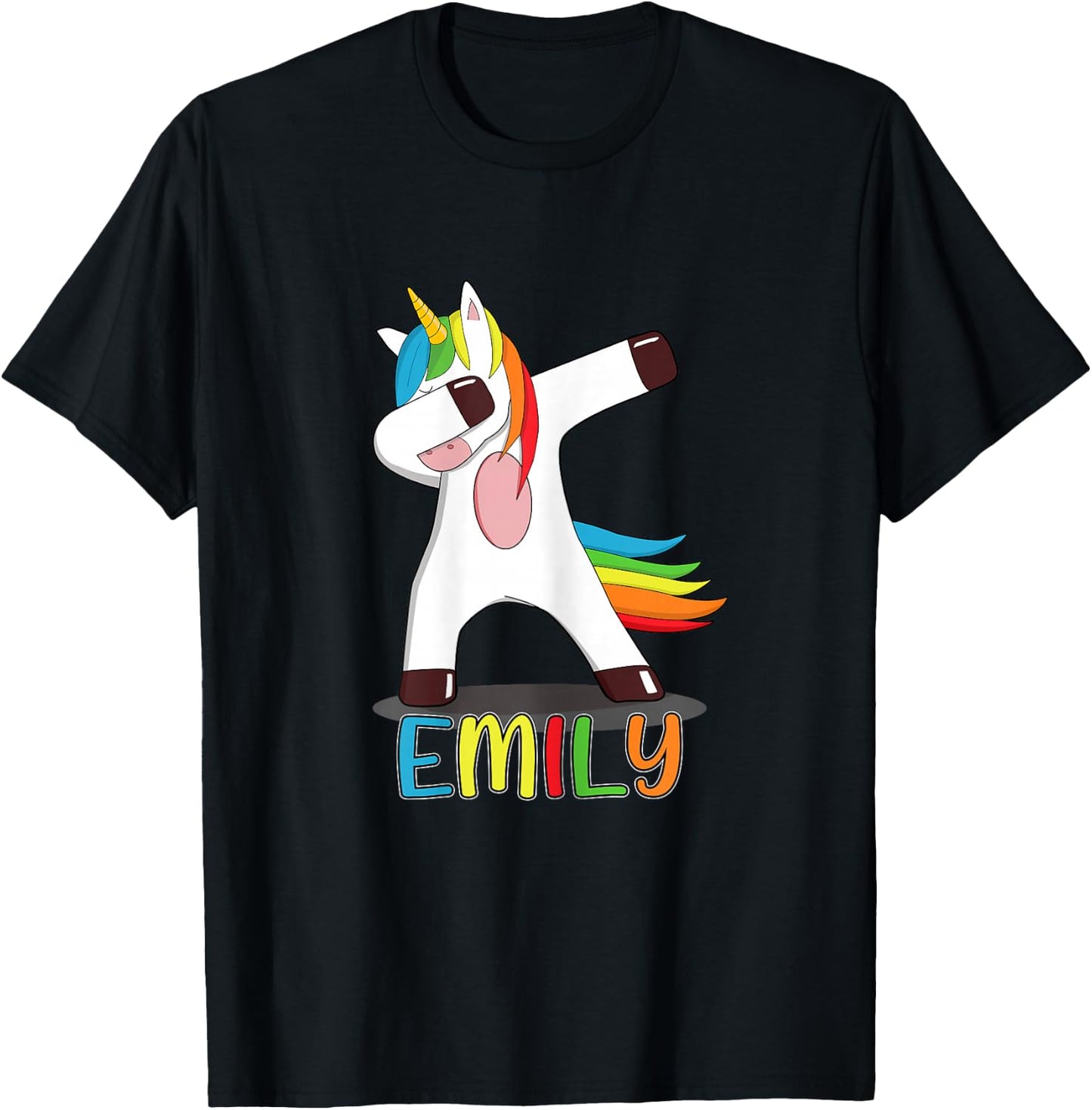 Emily Name - First Name Emily - Colourful Dabbing Unicorn T-Shirt - T-Shirt | Black