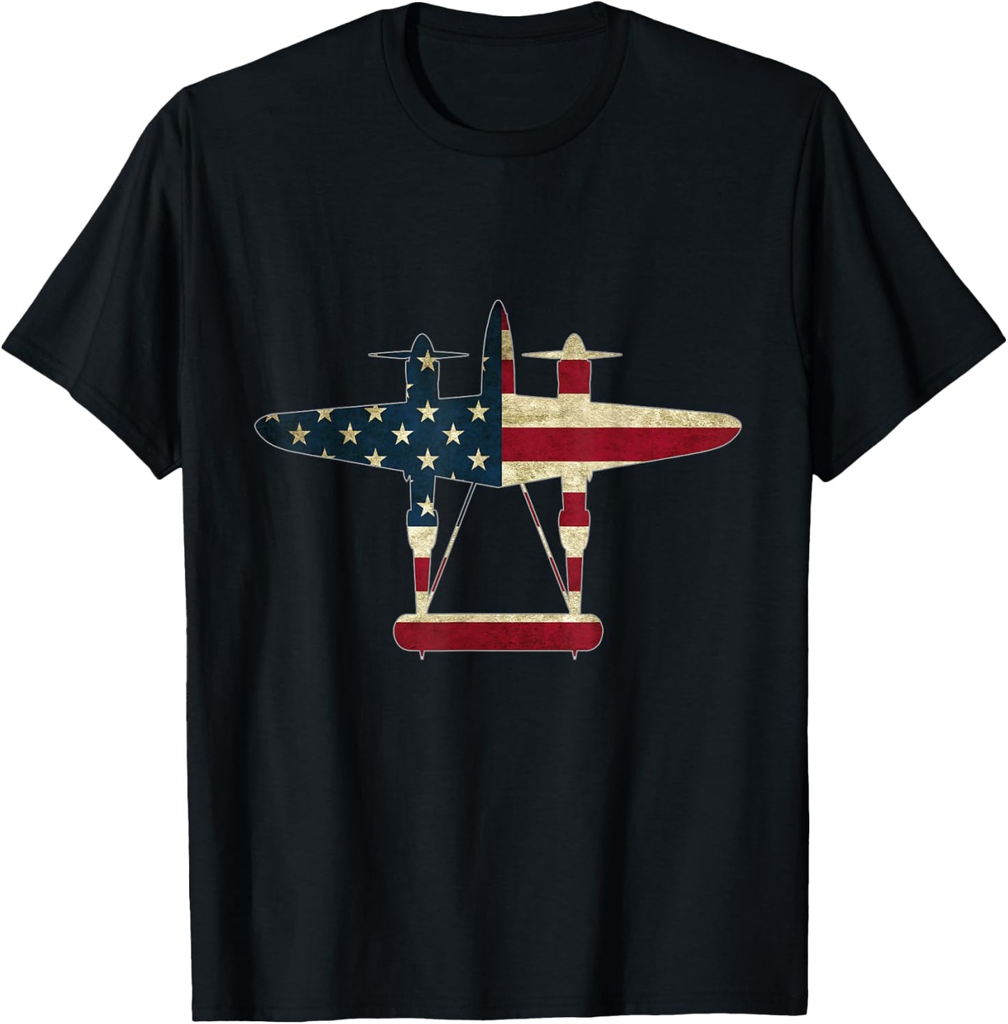 Retro USA Aircraft Warbird Pilot Gift Flag P-38 Lightning T-Shirt - T-Shirt | Black