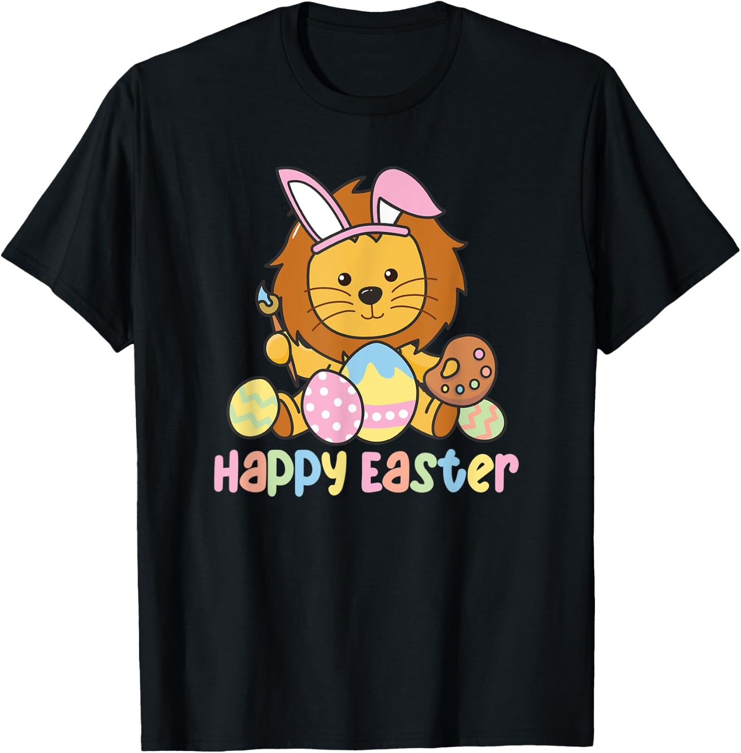 Happy Easter Cute Lion At Easter With Easter Eggs T-Shirt - T-Shirt | Black