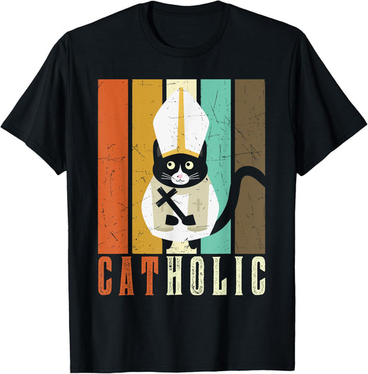 Funny Catholic T Shirts, Cat-holic Cat Lover Retro Vintage T-Shirt - T-Shirt | Black
