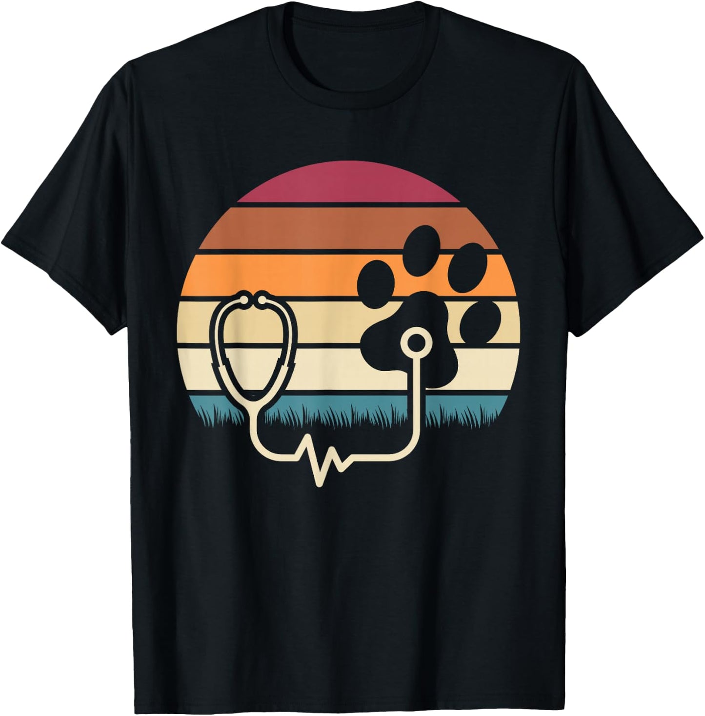 Retro Paw Stethoscope Vet Tech Funny Veterinary Technician T-Shirt - T-Shirt | Black