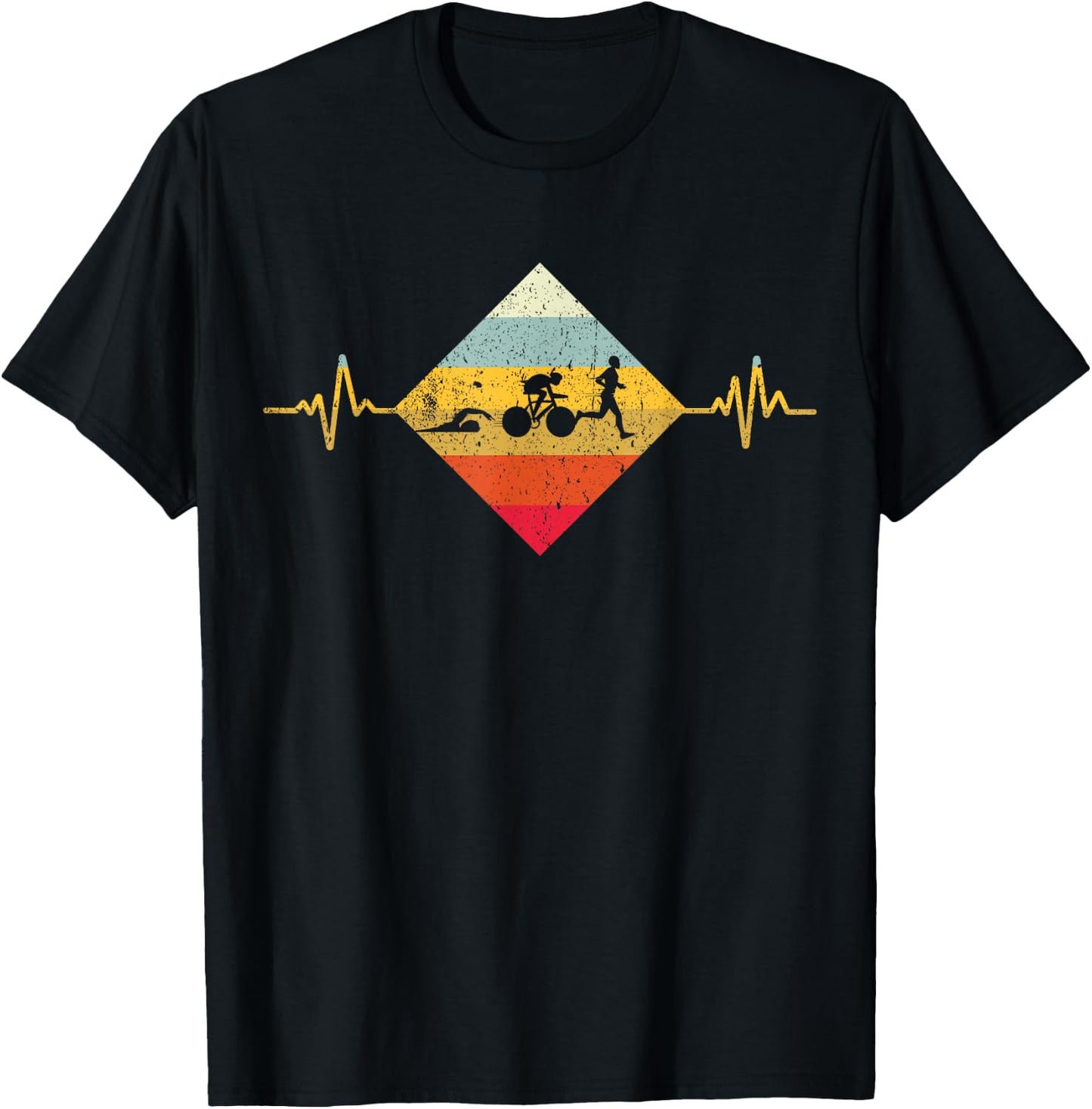 Vintage Triathlon Swim Bike Run Triathlete Heartbeat T-Shirt - T-Shirt | Black