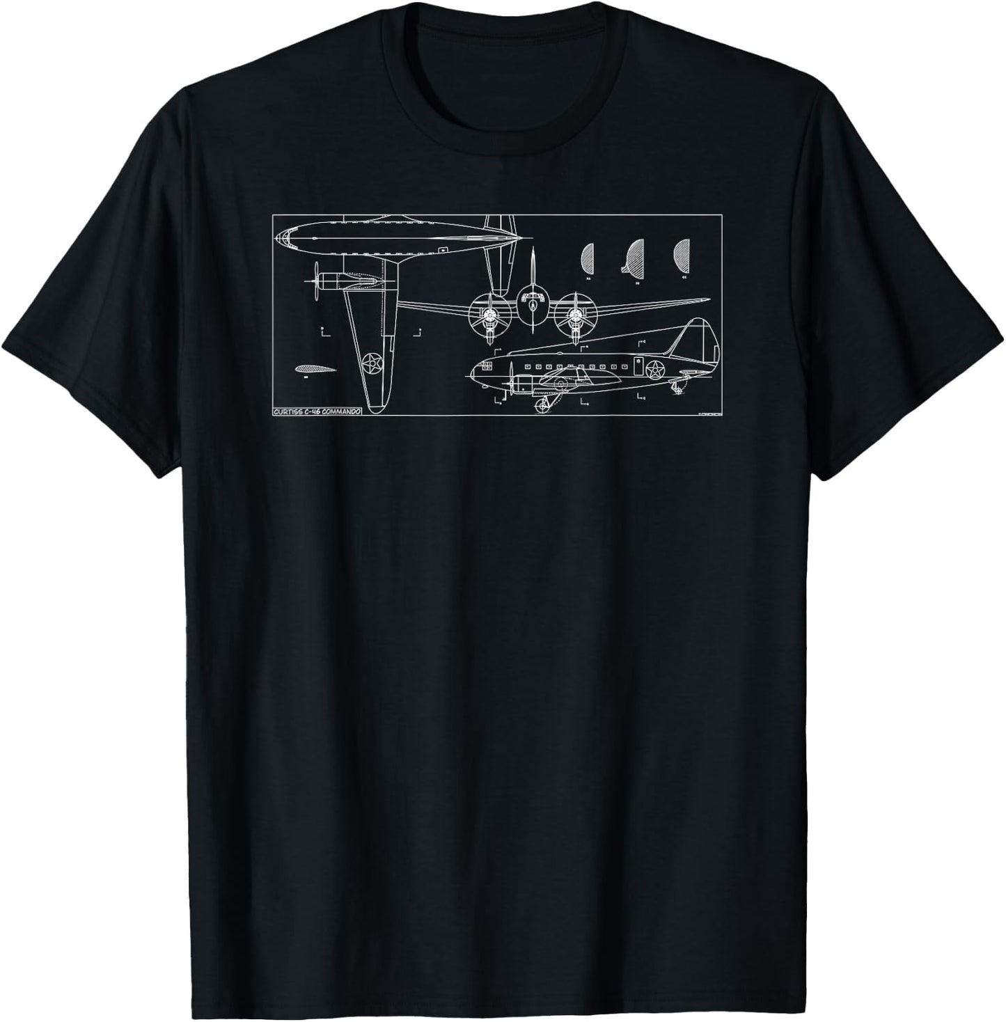 C-46 Commando American WW2 Transport Plane Blueprint T-Shirt - T-Shirt | Black