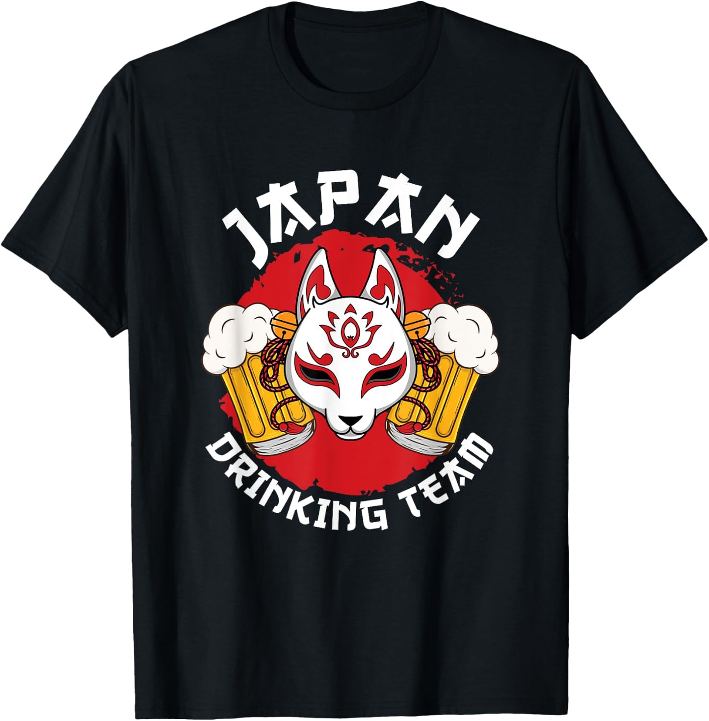 Japan Drinking Team Beer Alcohol Pub Party Kitsune Mask Flag T-Shirt - T-Shirt | Black