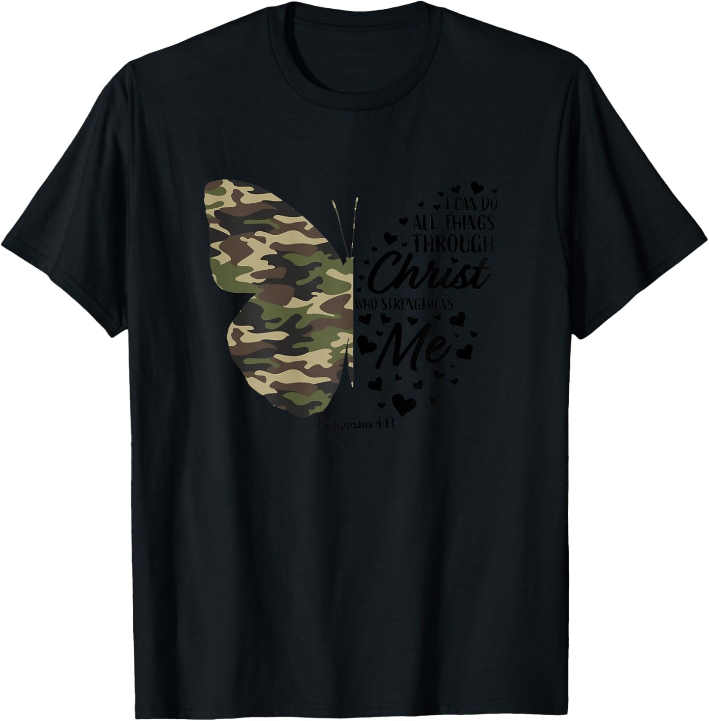 Cute Green Military Camo Butterfly Christian Religious Verse T-Shirt - T-Shirt | Black