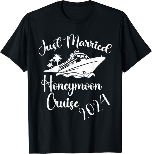 Just Married 2024 Wedding Ring Matching Honeymoon Cruise T-Shirt - T-Shirt | Black