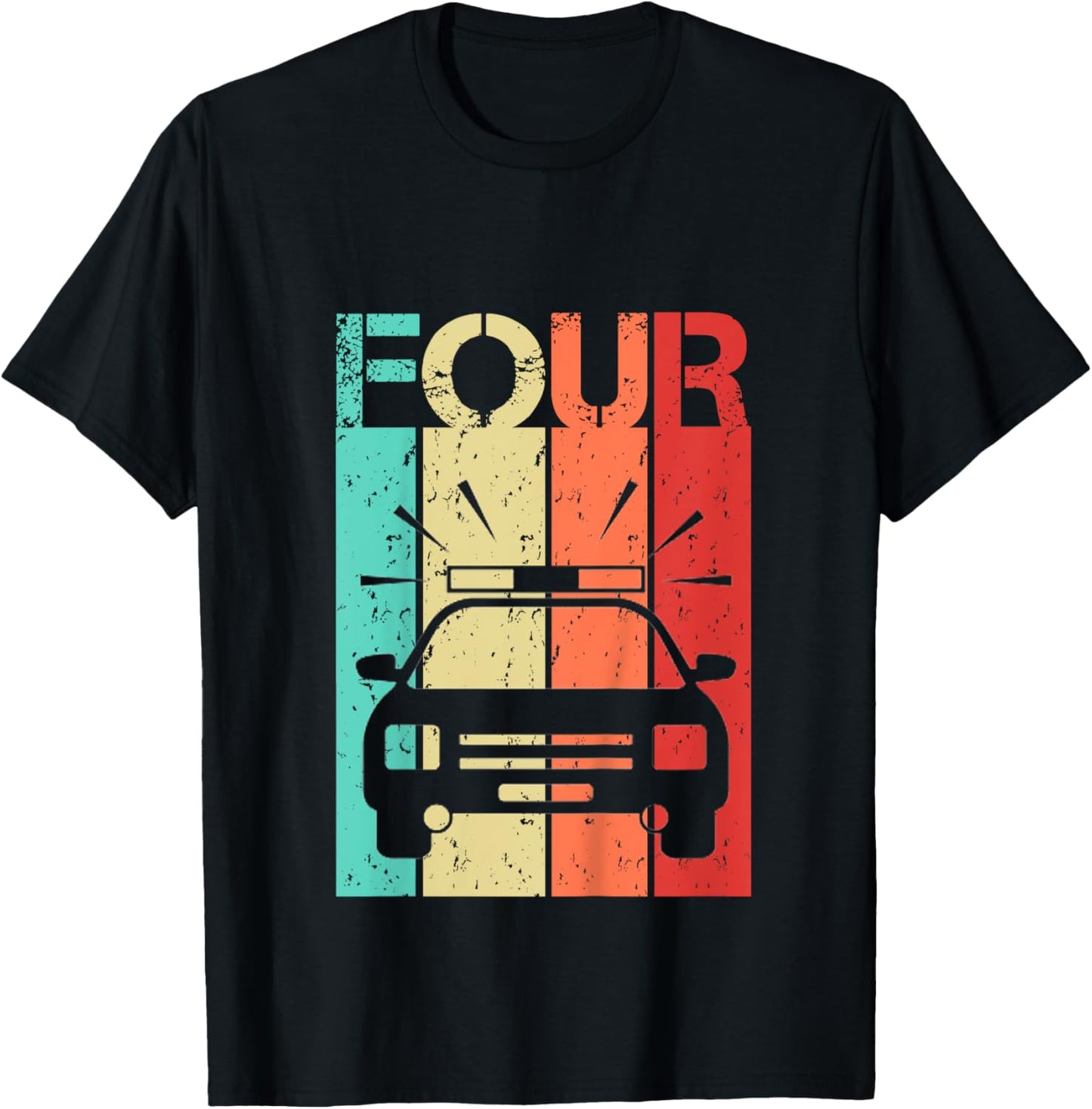 4 Year Old Police Car Birthday Fourth 4th Birthday Boy Girl T-Shirt - T-Shirt | Black