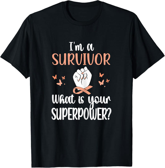 Uterine Cancer Survivor | Peach Ribbon Endometrial Cancer T-Shirt - T-Shirt | Black