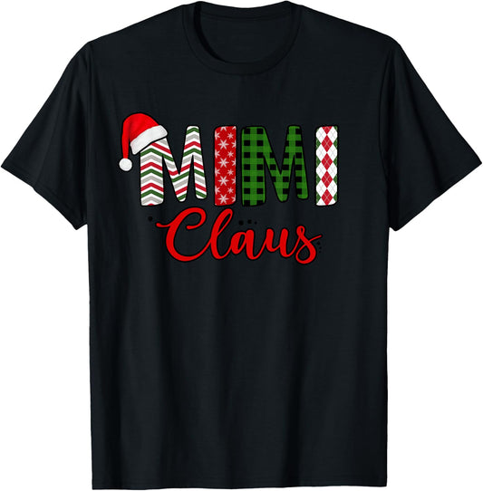 Funny Mimi Claus Santa Hat Red Plaid Christmas Matching T-Shirt - T-Shirt | Black