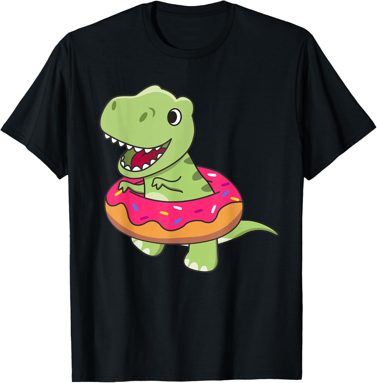 Cute T-Rex Dinosaur Funny Animals In Donut Sweet Pastry T-Shirt - T-Shirt | Black