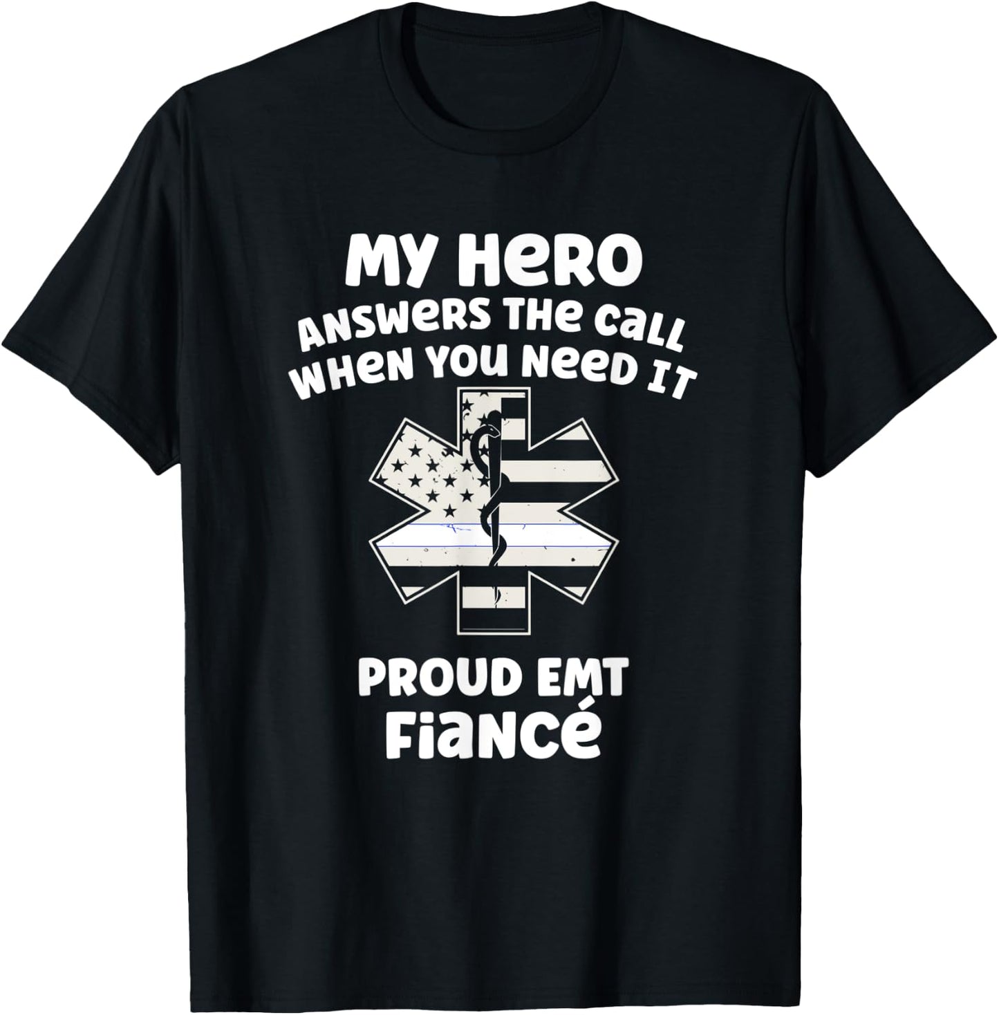 Proud EMT Fiancé Thin White Line American Flag T-Shirt - T-Shirt | Black