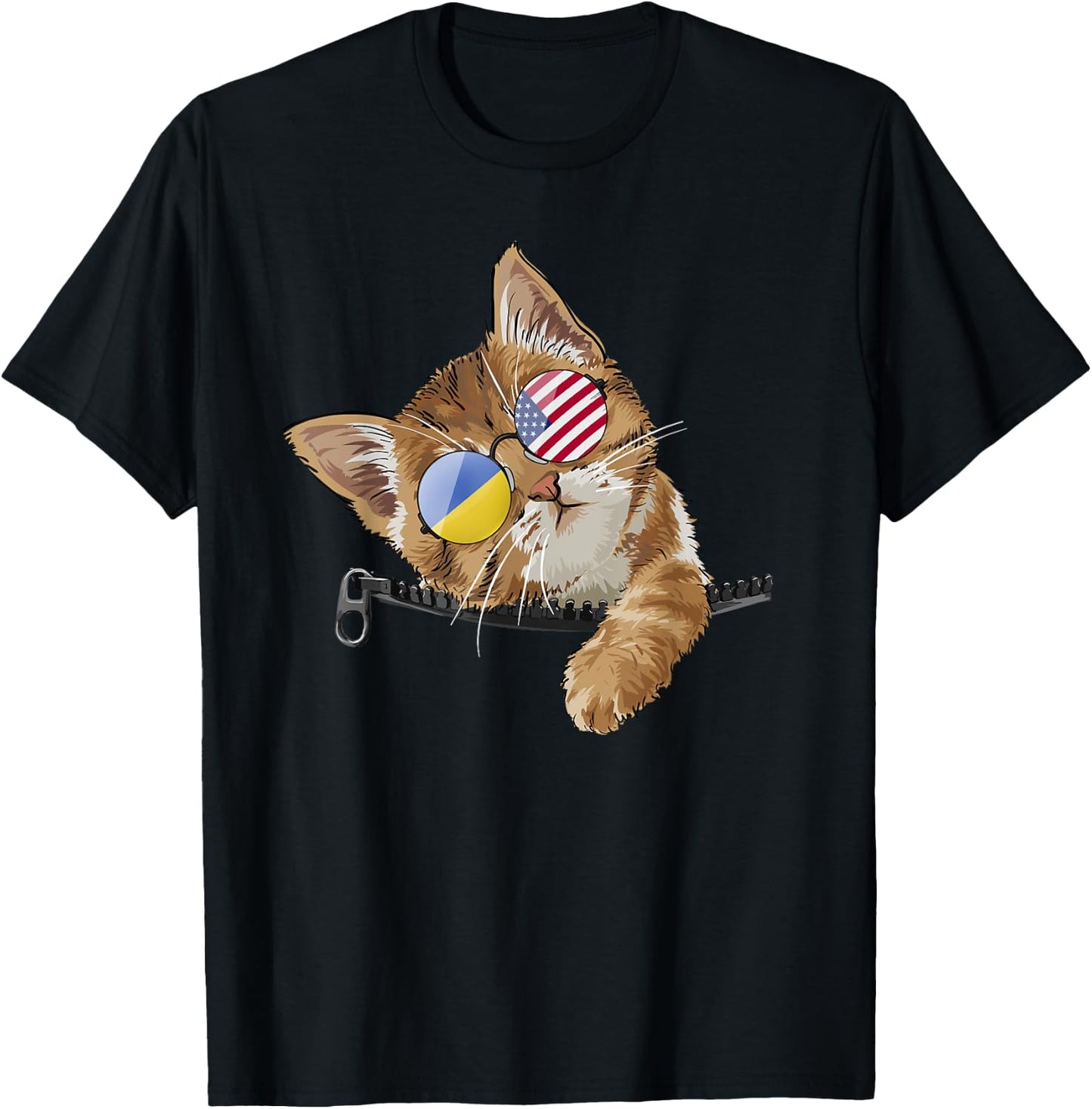 Cute Cat Kitten American Ukrainian Flag Sunglusses T-Shirt - T-Shirt | Black