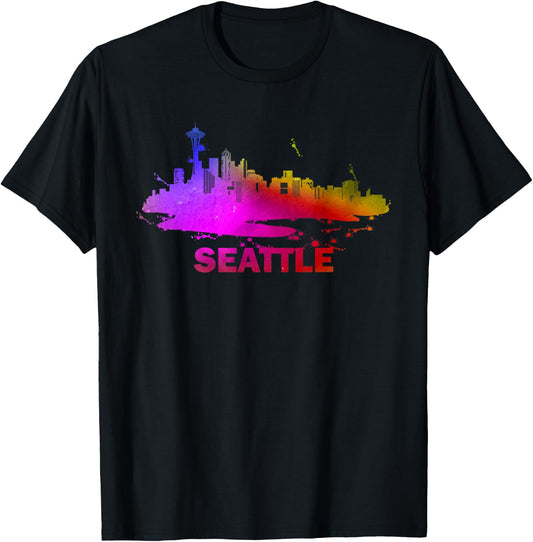 Colorful Seattle Cityscape Souvenir - Seattle Skyline T-Shirt - T-Shirt | Black