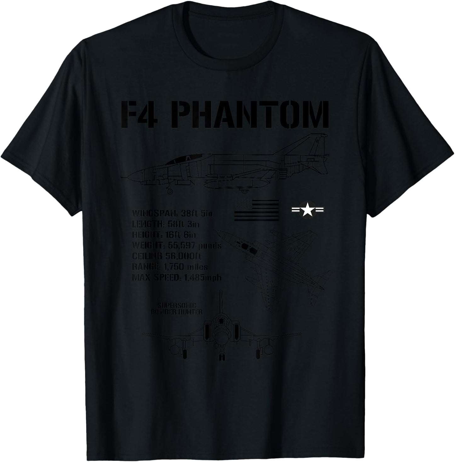 F-4 Phantom Fighter Jet Specs Military Airplane F4 Phantom T-Shirt - T-Shirt | Black