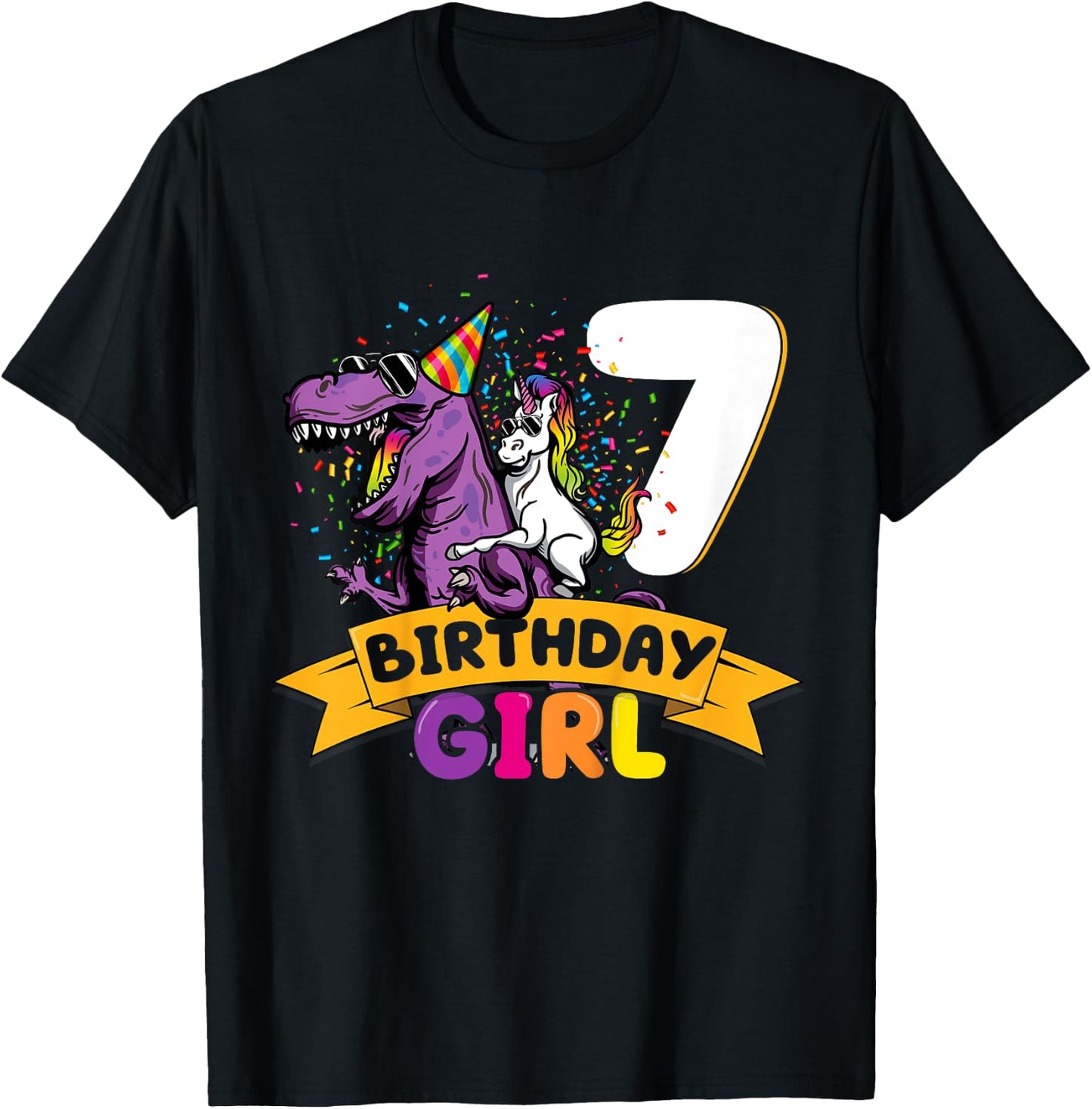 Dinosaur Unicorn 7 Birthday Decoration 7 Dino Girl 7 Years T-Shirt - T-Shirt | Black