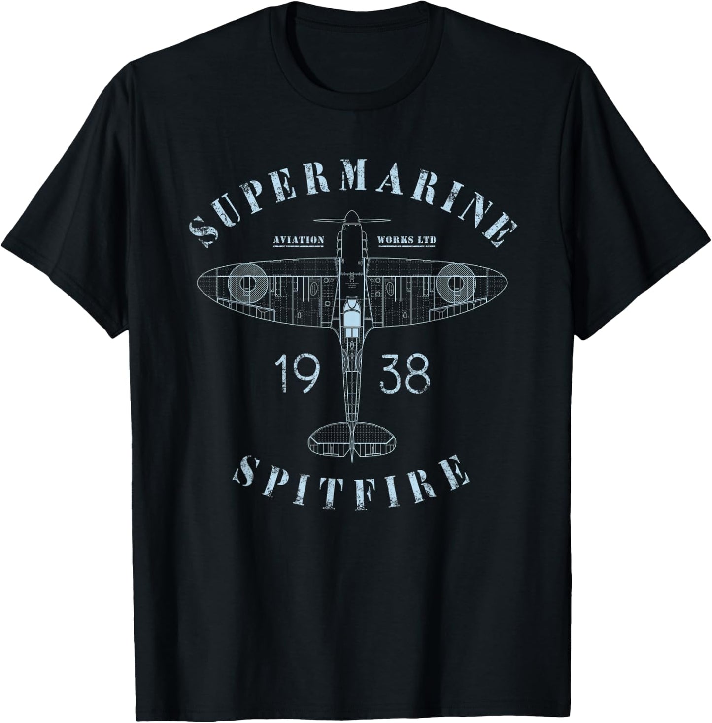 Spitfire Aircraft Blueprint | WW2 Supermarine Fighter Plane T-Shirt - T-Shirt | Black