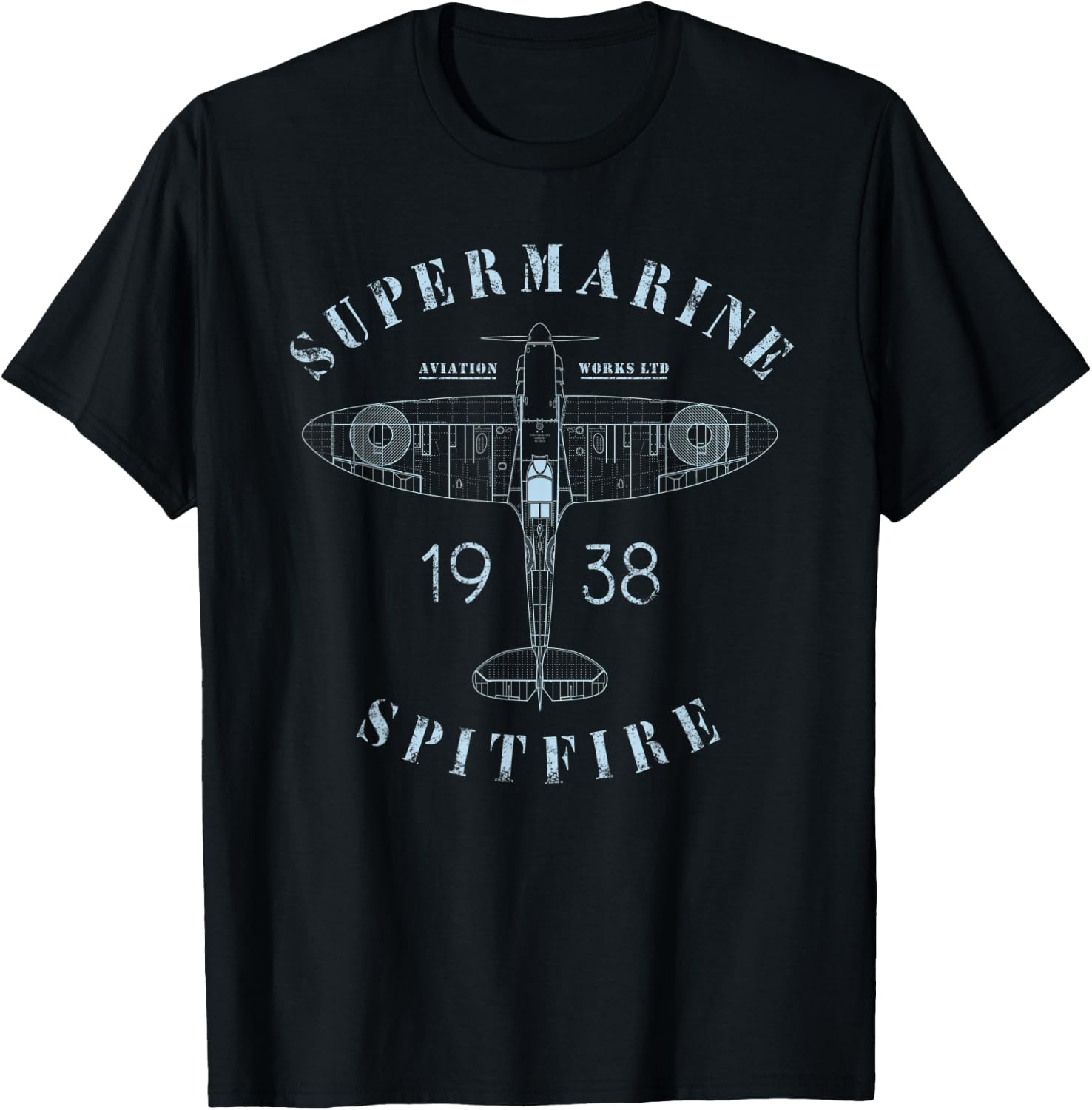 Spitfire Aircraft Blueprint | WW2 Supermarine Fighter Plane T-Shirt - T-Shirt | Black